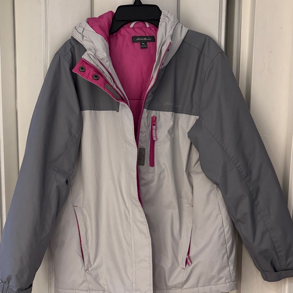 Eddie Bauer Gray and Pink Hooded Insulated Ski Jacket kid Lg 14 bit fits  AS